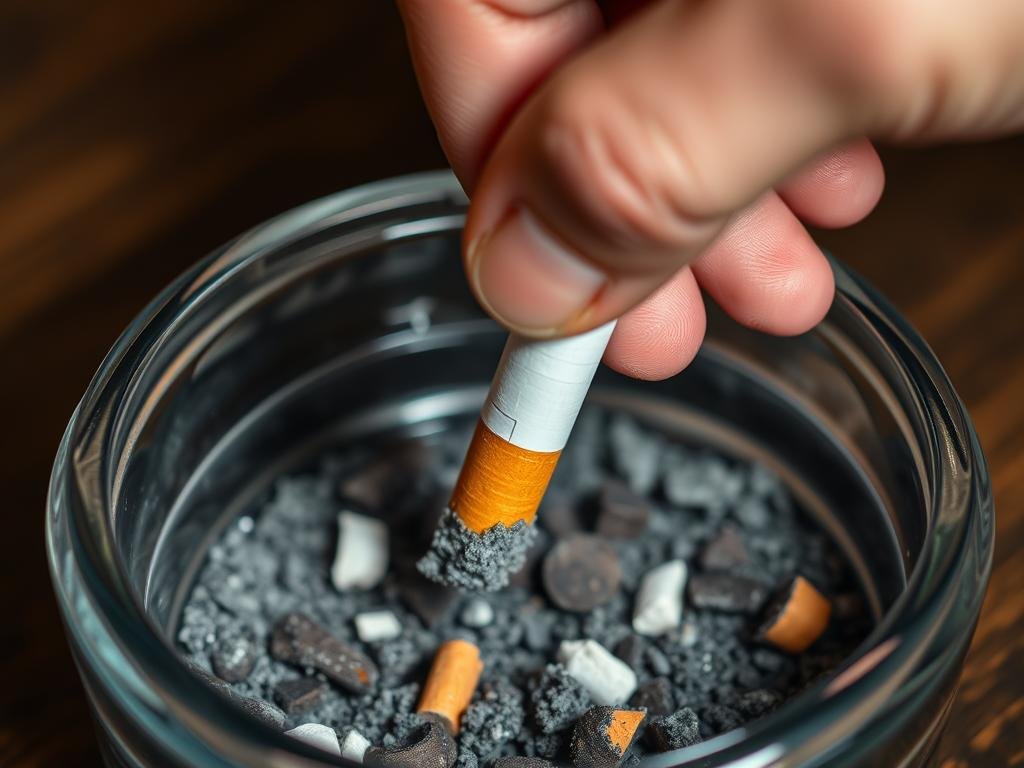 Person crushing a cigarette, symbolizing quitting smoking before 40 Person crushing a cigarette, symbolizing quitting smoking before 40