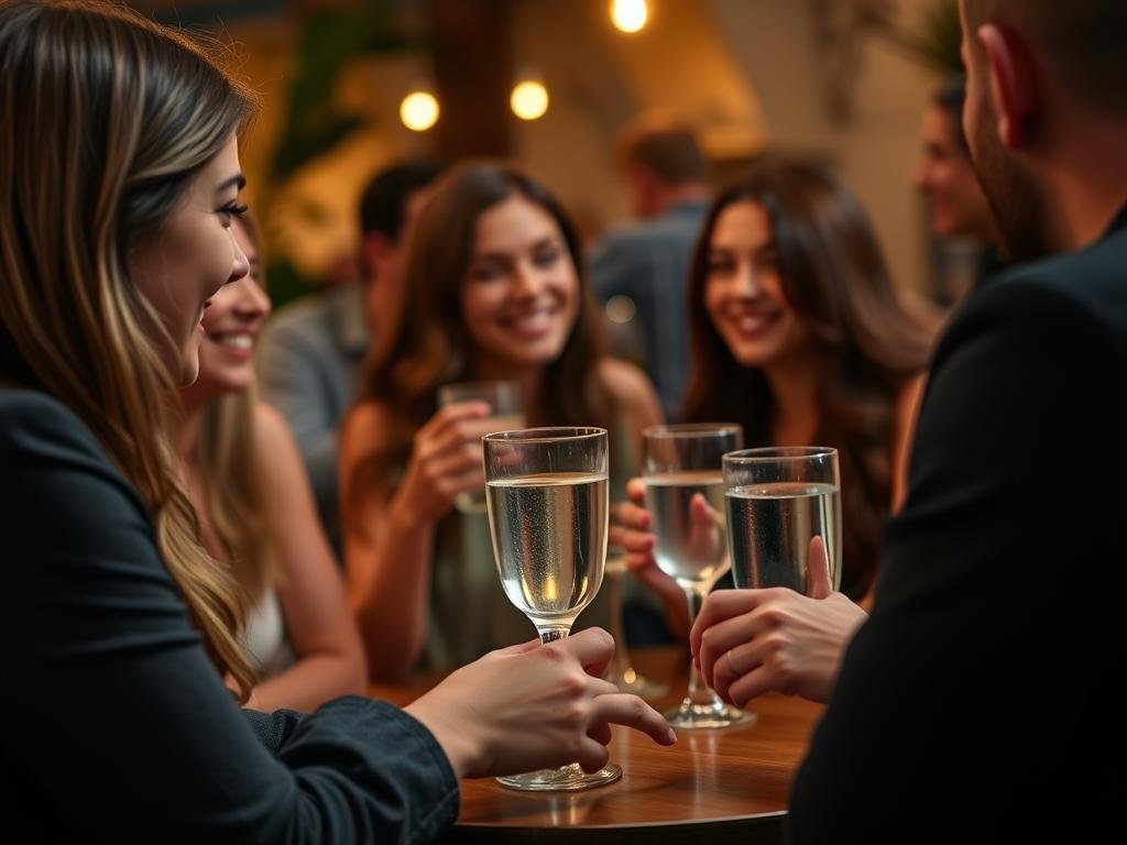 Person declining an alcoholic drink, choosing water instead Person declining an alcoholic drink, choosing water instead