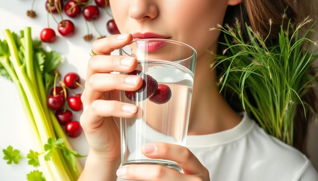 Person drinking water with natural foods that help reduce uric acid