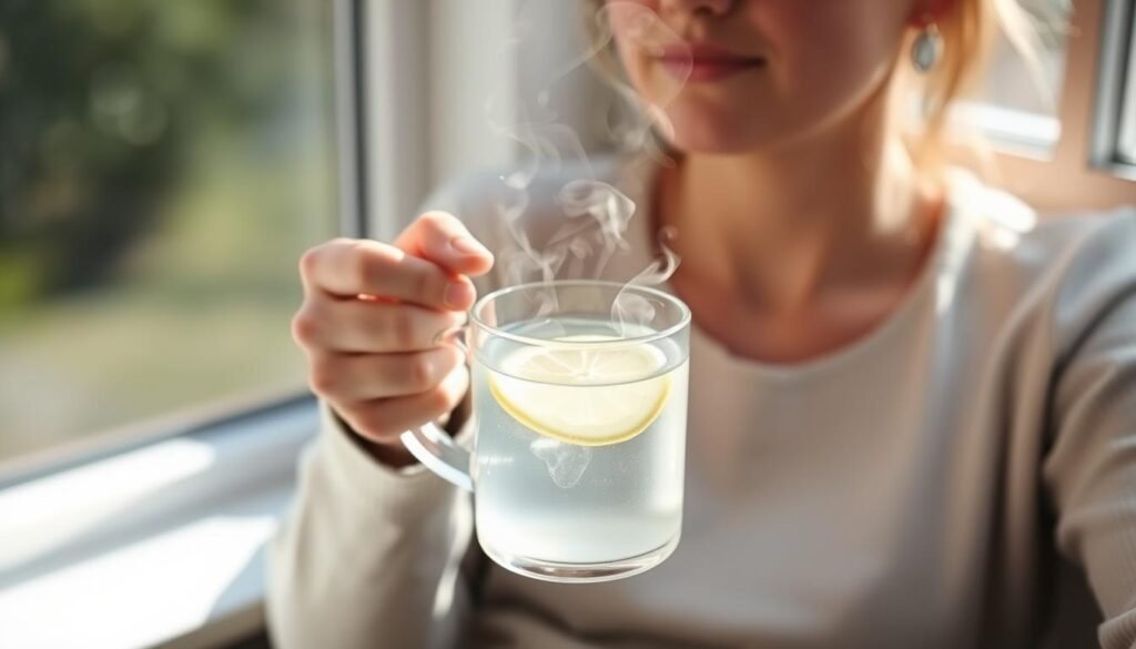 Person enjoying a cup of hot water with lemon in the morning sunshine