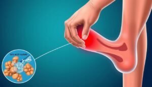 Person holding foot in pain during gout attack with uric acid crystal illustration