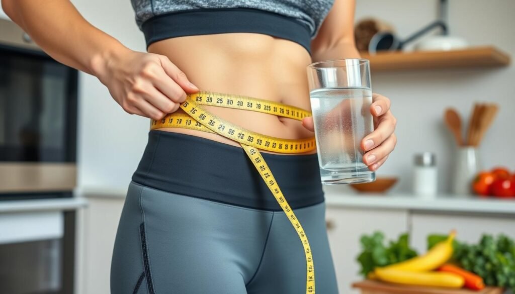 Person measuring waist while holding a cup of hot water Person measuring waist while holding a cup of hot water