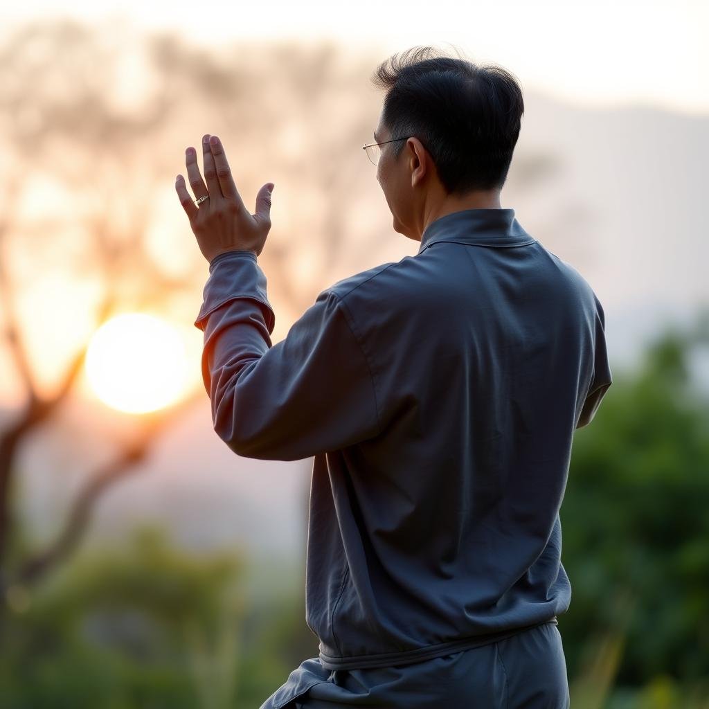 Person practicing Qi Gong exercises for kidney health Person practicing Qi Gong exercises for kidney health