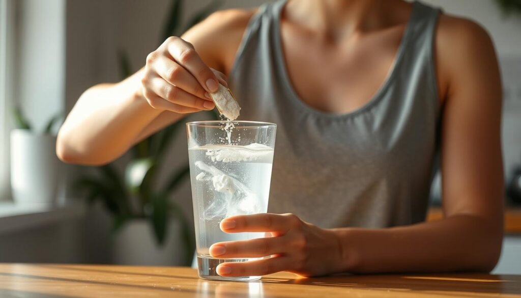 Person preparing Jupi Hydration drink in the morning Person preparing Jupi Hydration drink in the morning