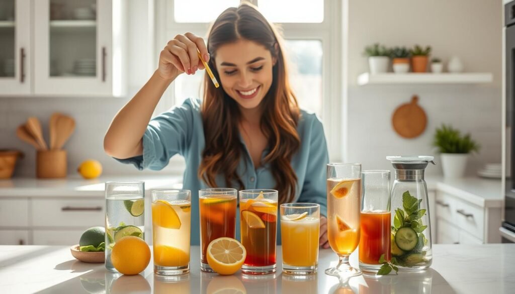 Person preparing various drinks that starve cancer cells in a bright, clean kitchen Person preparing various drinks that starve cancer cells in a bright, clean kitchen