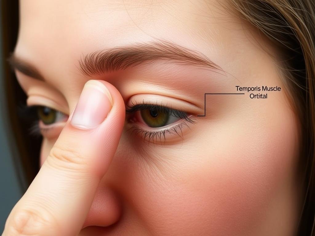 Person pressing the TE23 point at the outer edge of the eyebrow Person pressing the TE23 point at the outer edge of the eyebrow
