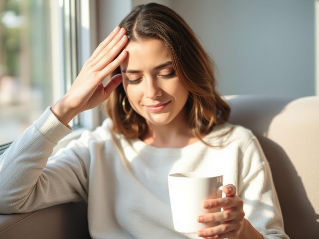 Person relieved from headache after drinking hot water Person relieved from headache after drinking hot water