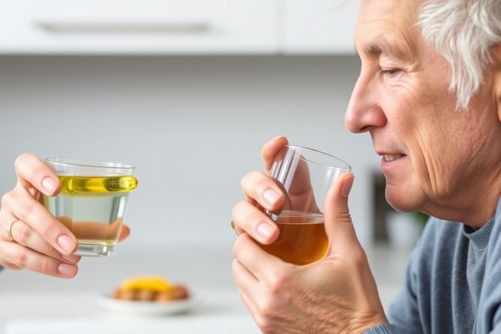 Person taking fish oil supplement as part of dementia prevention routine Person taking fish oil supplement as part of dementia prevention routine