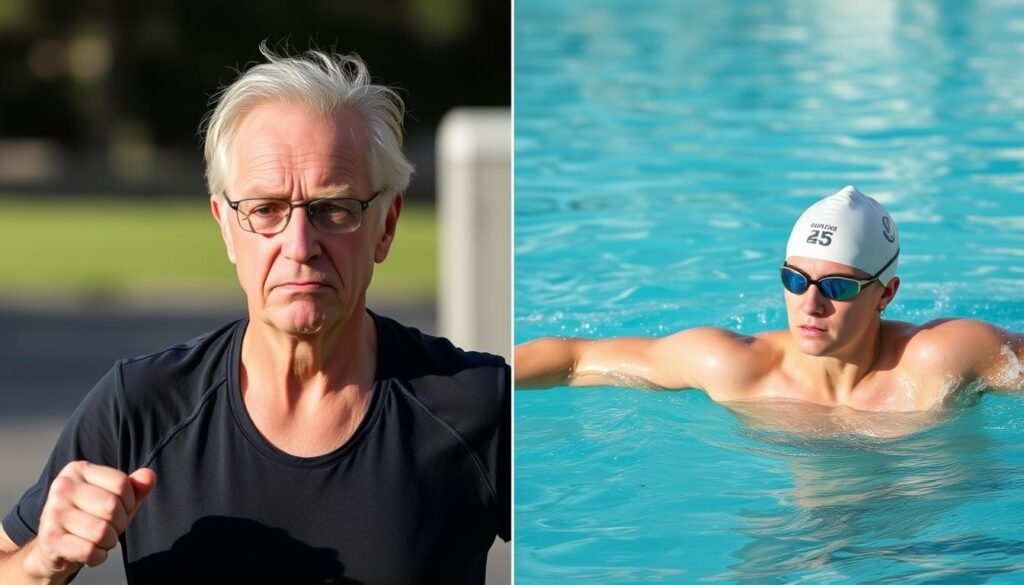 Person transitioning from high-impact running to lower-impact swimming exercise Person transitioning from high-impact running to lower-impact swimming exercise