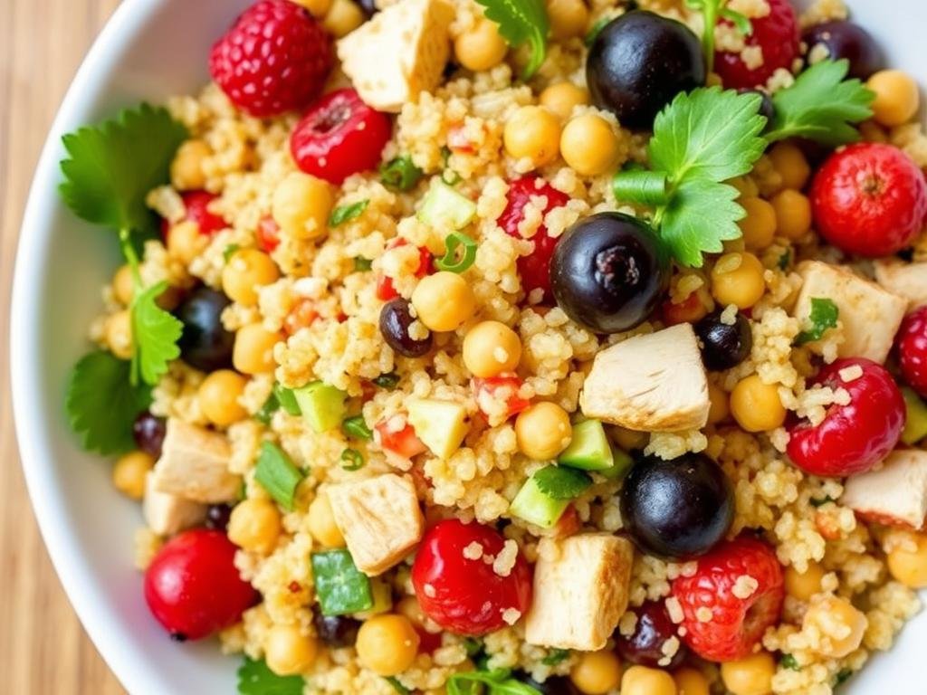 Quinoa salad with golden berries, vegetables, and lean protein for blood sugar management Quinoa salad with golden berries, vegetables, and lean protein for blood sugar management