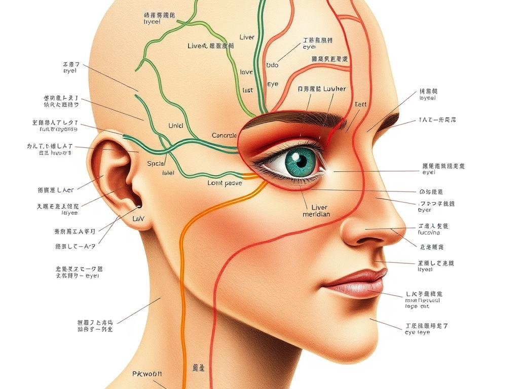 TCM meridian diagram showing the connection between Liver meridian and eyes TCM meridian diagram showing the connection between Liver meridian and eyes