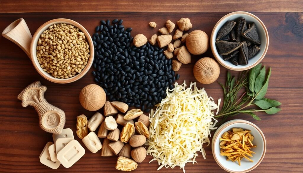 Various Chinese herbs and ingredients used in Traditional Chinese Medicine for preventing grey hair