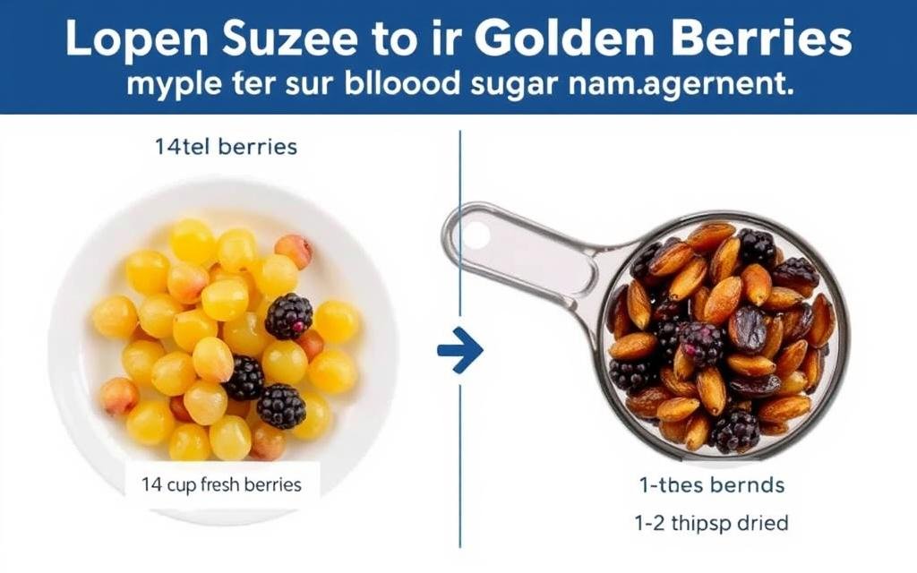 Visual guide showing appropriate serving sizes of fresh and dried golden berries for blood sugar management Visual guide showing appropriate serving sizes of fresh and dried golden berries for blood sugar management