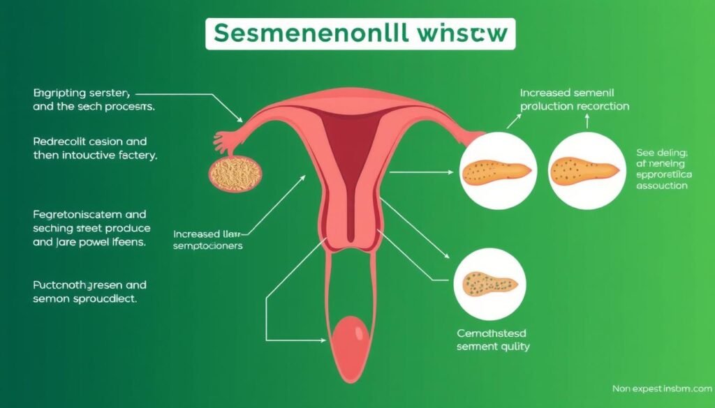 Visual representation of Semenoll's triple-action formula showing how it improves semen volume