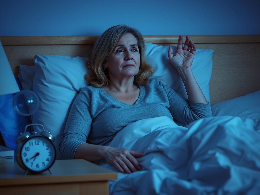 Woman experiencing insomnia due to low progesterone during menopause Woman experiencing insomnia due to low progesterone during menopause