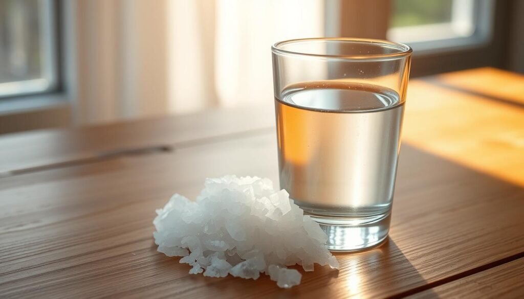 A glass of salt water with natural sea salt crystals beside it on a wooden surface with sunrise in background