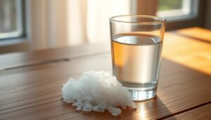 A glass of salt water with natural sea salt crystals beside it on a wooden surface with sunrise in background