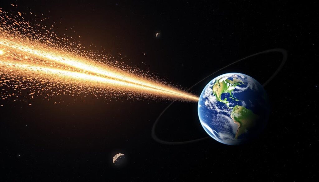 Artist's rendering of Comet 2P/Encke leaving debris trail that creates celestial events this week