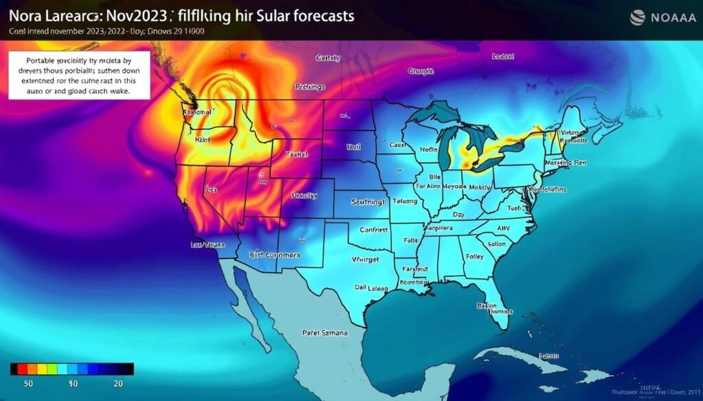 Aurora forecast map showing potential visibility across northern United States following the 2025 solar flare events