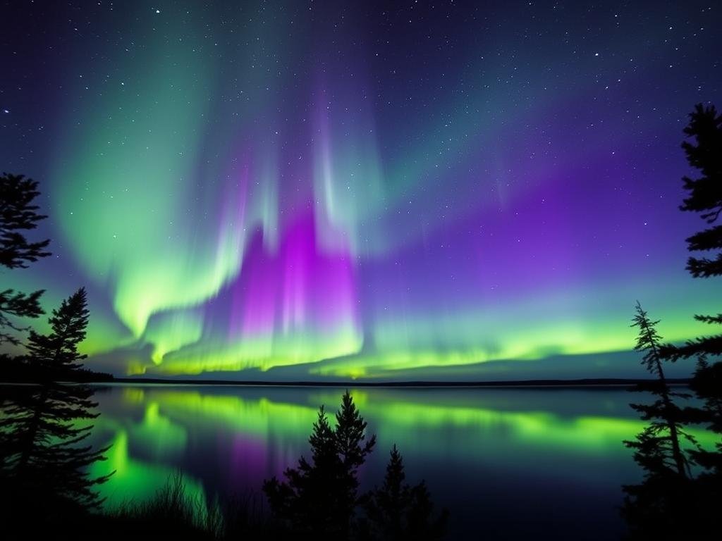 Auroras over North America viewed from Minnesota with a lake reflection
