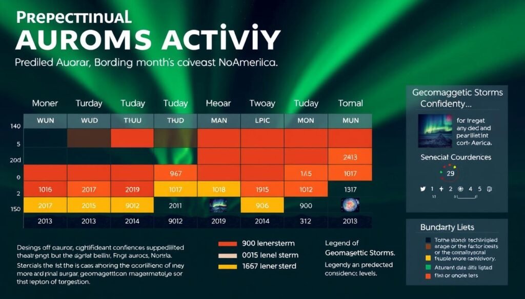 Calendar showing predicted aurora activity peaks for the coming months across North America
