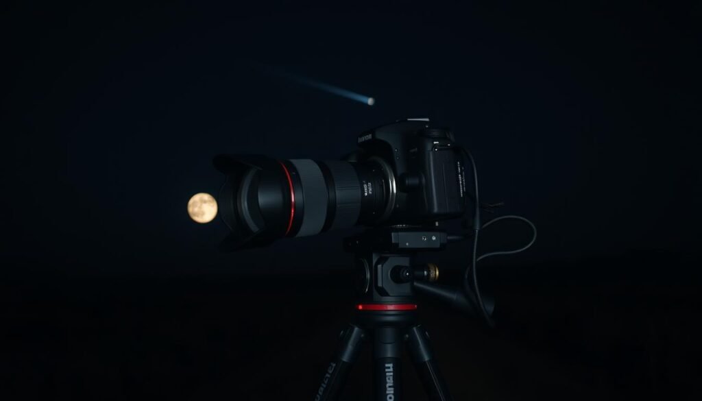 Camera setup on tripod aimed at night sky for photographing celestial events this week