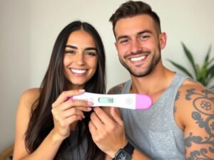 Catherine Paiz showing her positive pregnancy test with husband Igor Ten