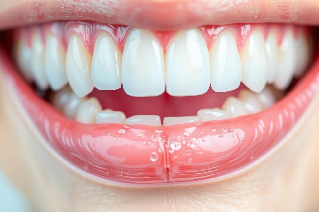Close-up of healthy teeth and gums after salt water treatment