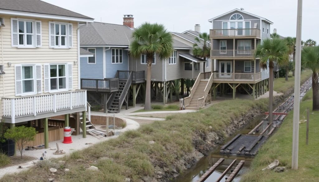 Coastal community with hurricane preparedness measures in place