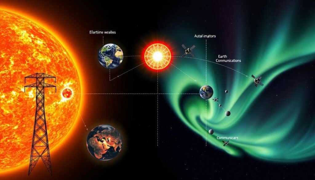 Composite image showing the sun's activity cycle and its effects on Earth's technological systems during solar flare events