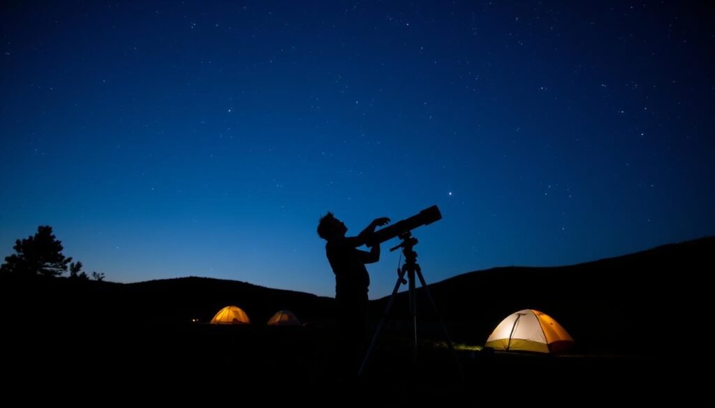 Dark sky location with person setting up telescope for celestial events this week