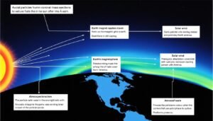 Diagram showing how auroras over North America form when solar particles interact with Earth's magnetic field