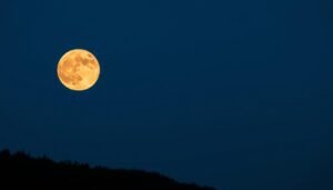 Full beaver supermoon rising over a landscape with celestial events this week text overlay