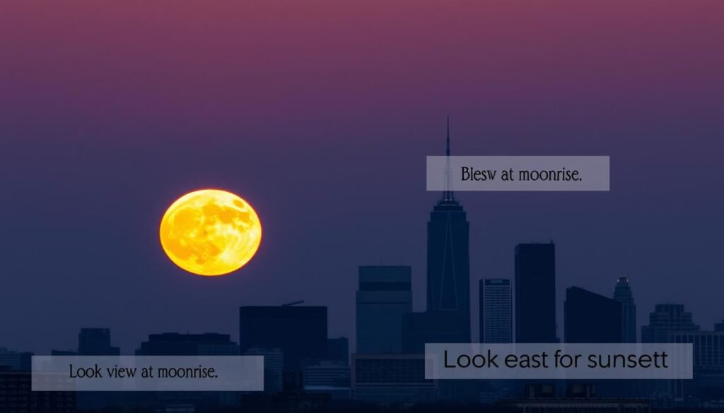 Full moon rising over city skyline with viewing tips overlay - celestial events this week
