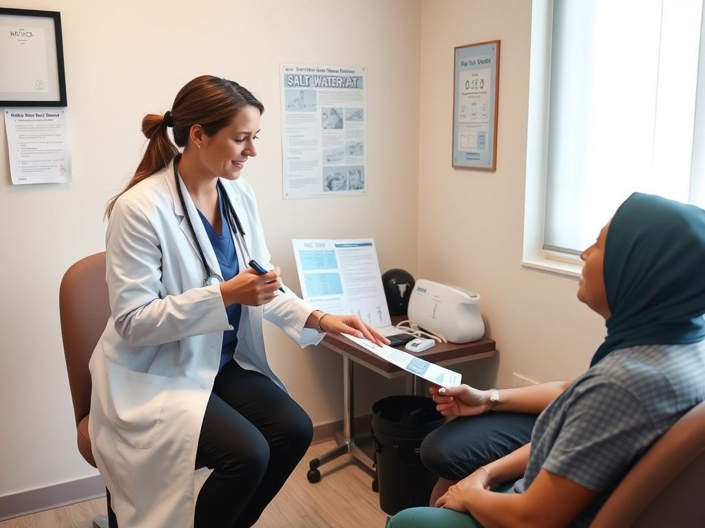 Healthcare professional discussing salt water therapy with patient