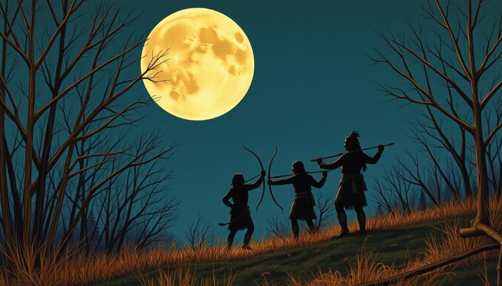 Historical illustration of Native Americans hunting by full moon light - celestial events this week
