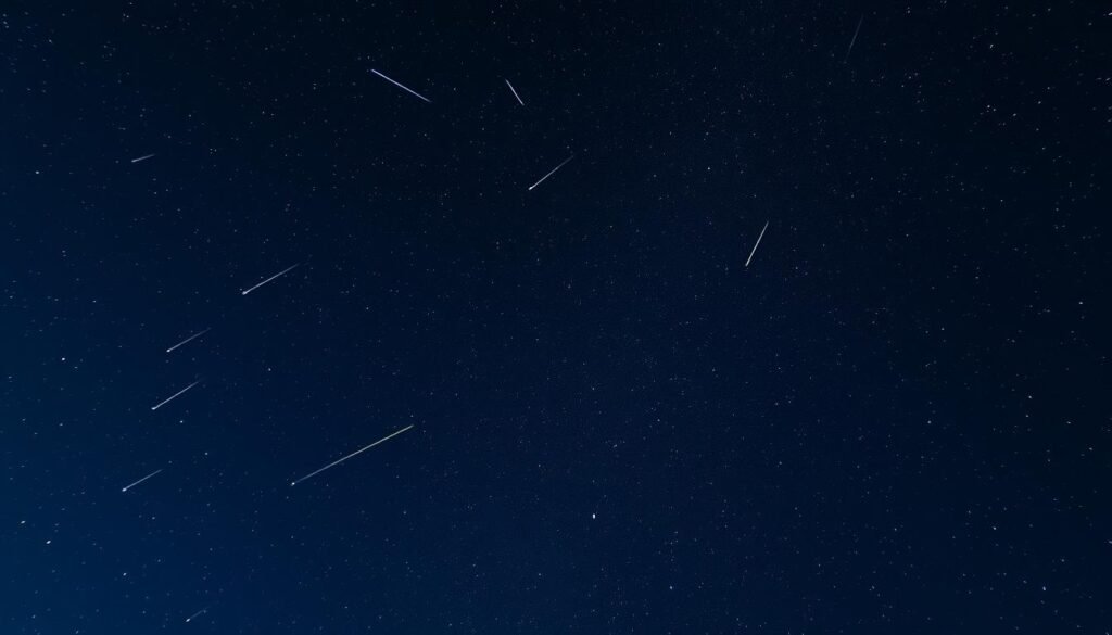 Long exposure photograph showing multiple meteor trails across starry sky during celestial events this week