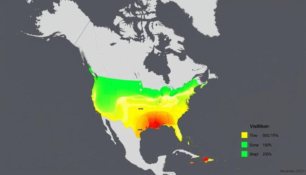 Map showing the extent of aurora visibility across North America during the November 2025 geomagnetic storm