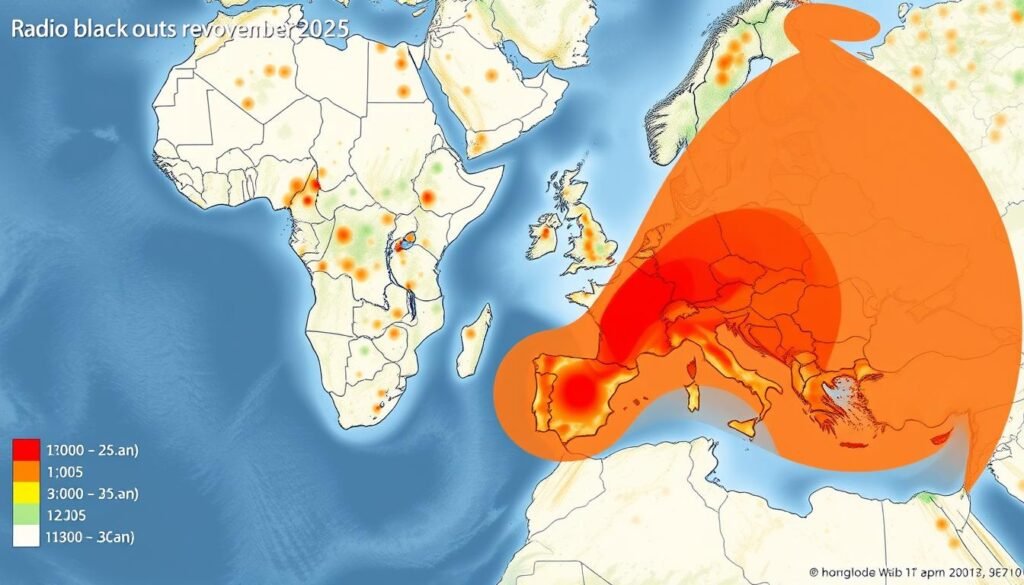 Map showing the regions affected by radio blackouts during the November 2025 solar flare event across Africa and Europe