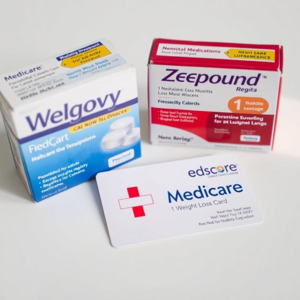 Medicare card next to Wegovy and Zepbound medication packages showing Trump weight loss drug price deal impact
