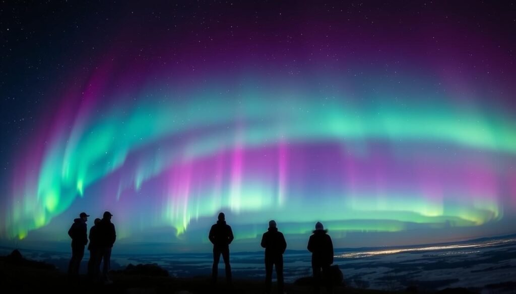 People watching auroras over North America from a scenic viewpoint
