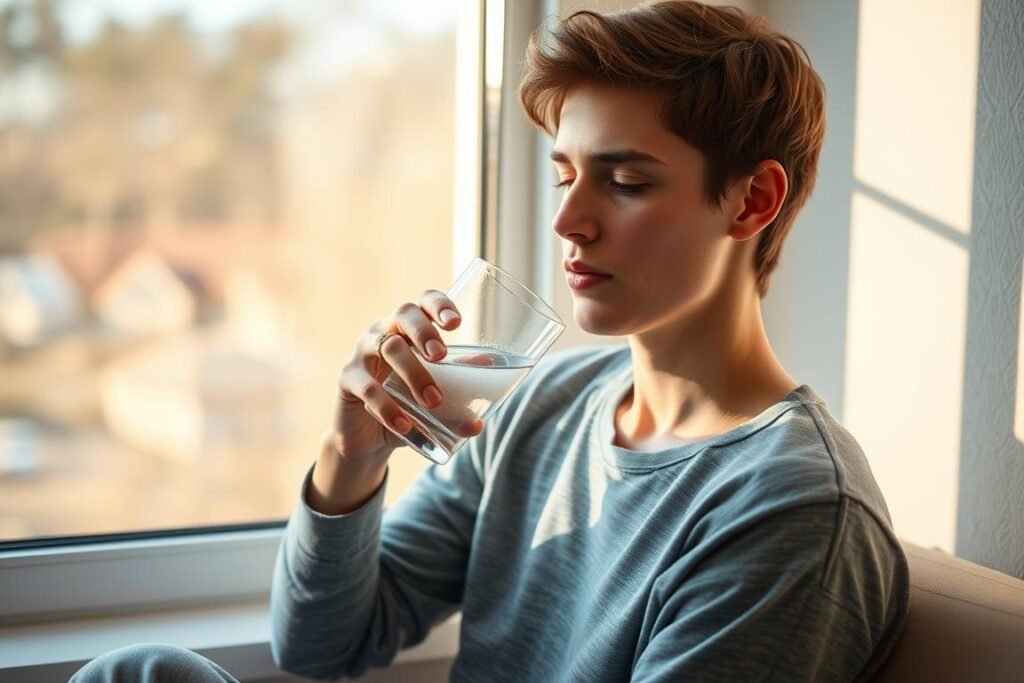 Person drinking salt water properly in morning routine