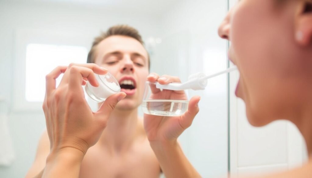 Person gargling with salt water showing oral health benefits