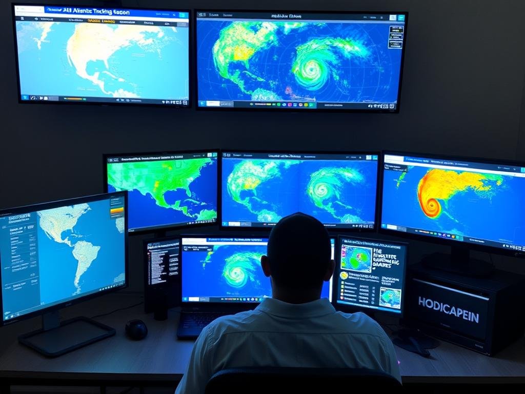Person monitoring hurricane tracking information on multiple screens