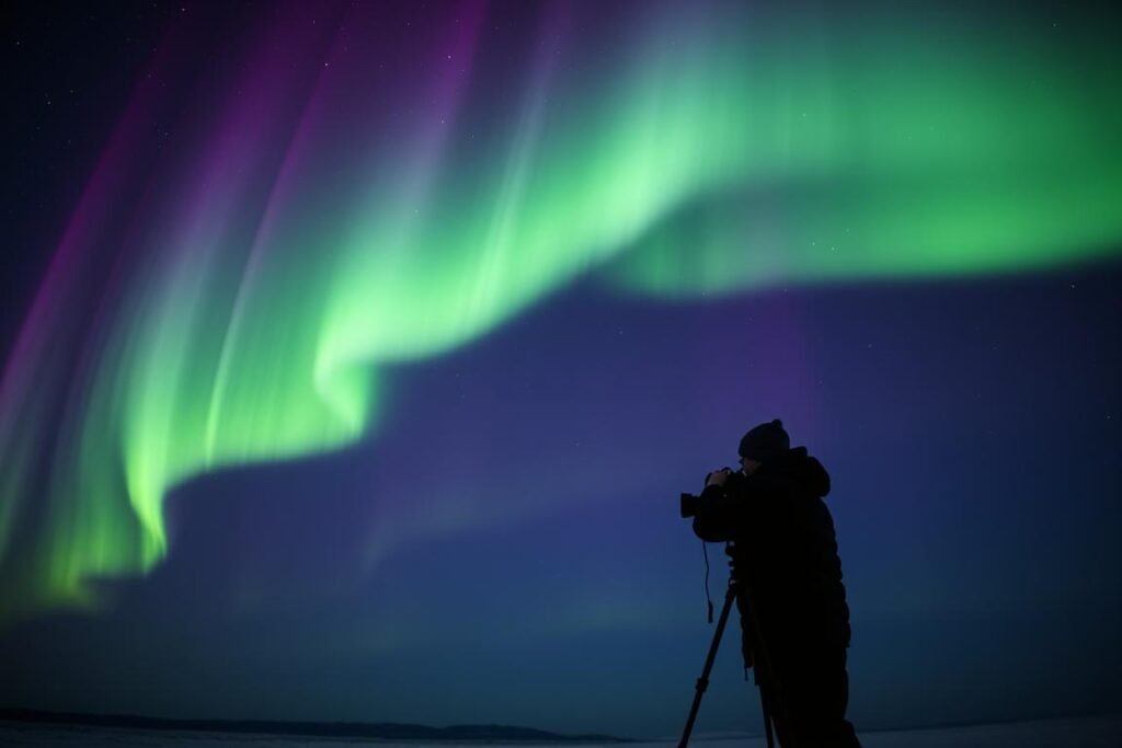 Person safely observing and photographing aurora displays following the 2025 solar flare events