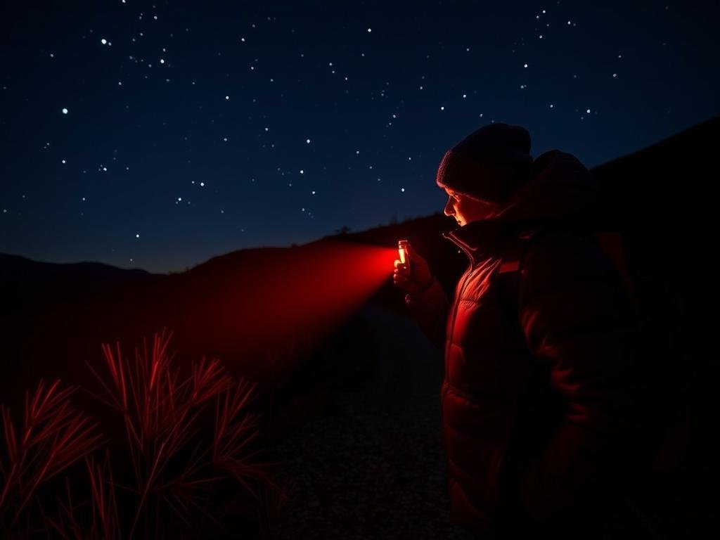 Person using red flashlight to navigate during nighttime celestial events this week