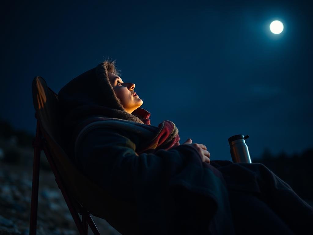 Person wrapped in blanket with thermos watching celestial events this week