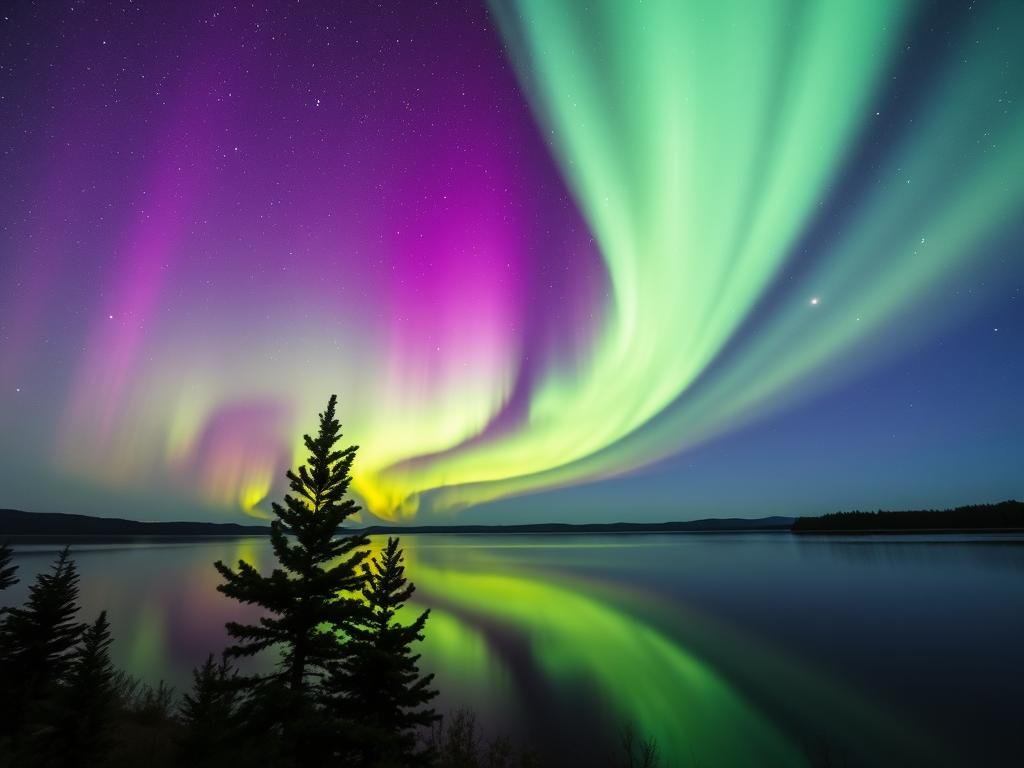 Time-lapse photograph showing auroras over North America with star trails in the background