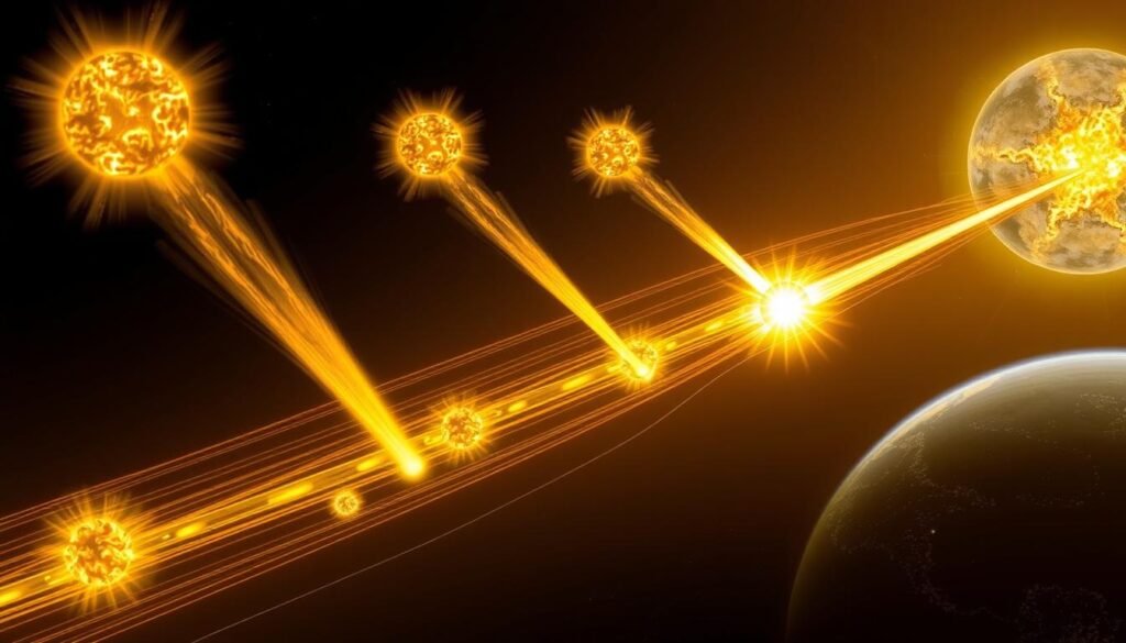 Visualization of multiple coronal mass ejections from the November 2025 solar flare events traveling through space toward Earth