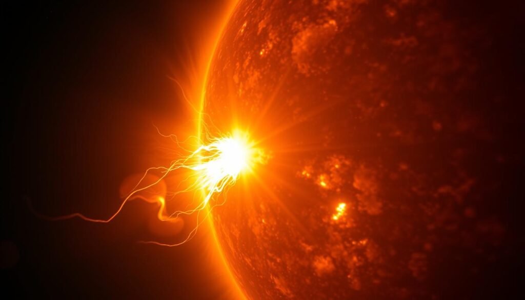 X5.1 solar flare erupting from the sun's surface with visible plasma loops and radiation, November 2025 solar flare radio blackouts